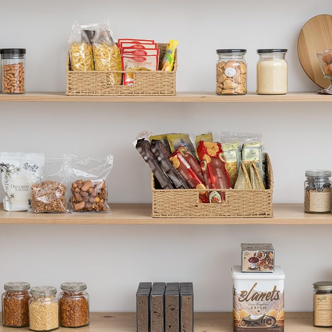 StorageWorks Pantry Baskets for Organizing,Wicker Basket for Storage,2-Pack | Paper Rope Wicker Storage Baskets for Shelves with Handles, Pantry Organizers and Storage, Shelf Baskets for Organizing