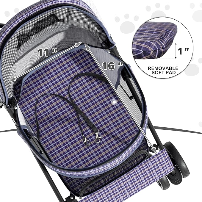 MoNiBloom Pet Stroller for Small/Medium Dogs and Cats up to 22 lbs, Plaid | Foladble 4 Wheels Easy-Fold Puppy Cage Jogger Stroller with Sun Cover, Pad and Rear Storage Bag, Breathable and Visible Mesh
