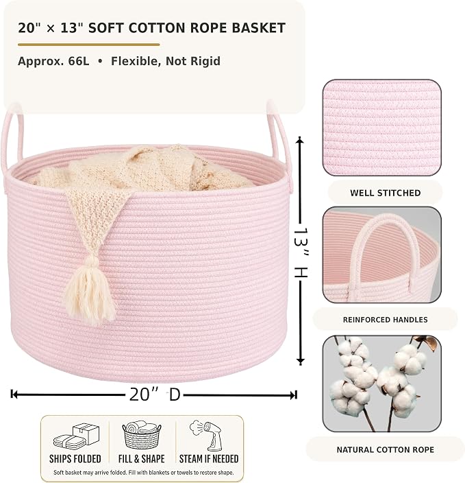 XUANGUO 66L Large Blanket Basket, Round Cotton Rope Basket, Light Pink | 20" x 13" Laundry Basket with Sturdy Handles for Blankets, Pillows and Toys; Storage for Living Room, Bedroom and Nursery