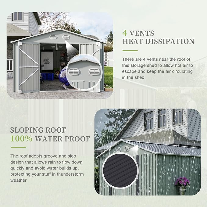 10x12 FT Metal Storage Shed, Large Storage Shed with Lockable Doors and Sloped Roof, Outdoor Tool Shed with Ample Ventilation for Garden, Lawn, Backyard, White
