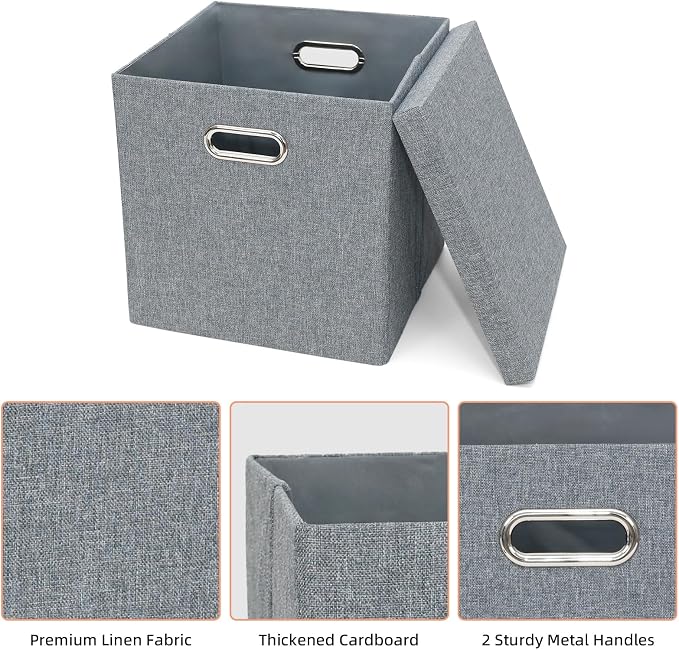 Storage Bins with Lids, Linen Fabric Boxes Organizer Containers with Lid Foldable Storage Box Basket for Closet, Shelves, Home, Office, 12 x 12 x 12 Inch, 4 Pack, Dark Gray, AG3006-7