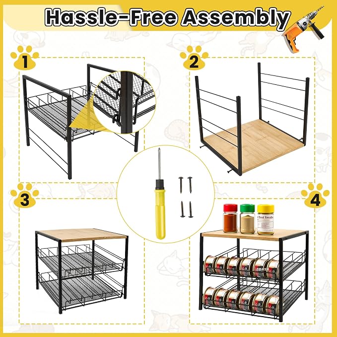 Bamboo & Iron Cat Food Organizer, 2-Tier Stackable Rack Holds 48 Cans 3oz | FIFO auto slide-down,Flat top storage, Organizes pantry & pet food cans