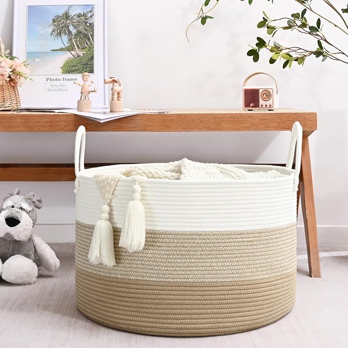 67L Large Woven Blanket Basket, Cotton Rope Baby Laundry Hamper with Handles, Kids Toy Basket for Classroom & Nursery, Soft Round Stuffed Animal Storage, Dog Toy Bin - 20"x13", Gradient Brown