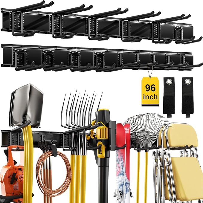 96" Garage Tool Organizer Wall Mount, 1250lbs Heavy Duty Garden Tool Storage Rack with 15 Adjustable Hooks for Yard, Shed, Garage (6 Racks, 15 Hooks, 2 Straps, Steel)