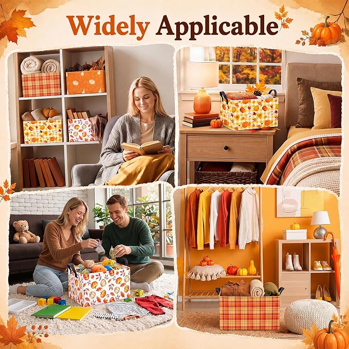 FoldTier 4 Pcs Fall Storage Baskets Empty Collapsible Autumn Organizer Bins with Handles Polyester Pumpkin Storage Bins for Autumn Thanksgiving Pet Toys Books Clothes Gifts Home Decor(Pumpkin)