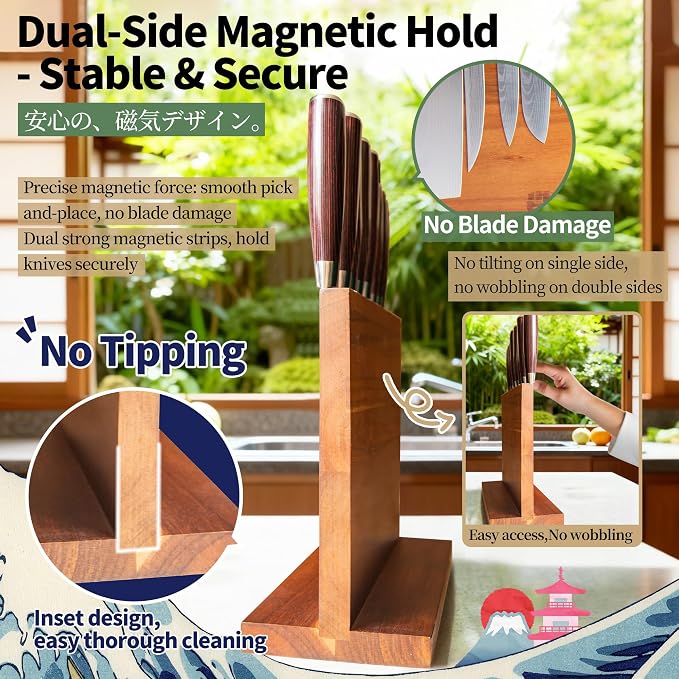 FULLHI Kitchen Magnetic Knife Block Holder Large Magnetic Strip NaturalWood | Enhanced Magnets,natural wood,Multifunctional Storage Holder,for Kitchen Utensil, Knife Set, Scissors,Spice Ja