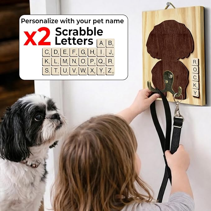 Shih Tzu Dog Leash Holder Wall Mount with Scrabble Letters, Wooden Dog Wall Hook Organizer, Pet Collar and Harness Holder Entryway, Key Hook & Leash Rack, Home Decor for Pet Lovers PF297-66