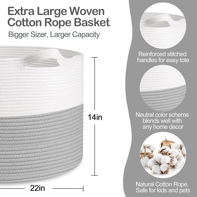 MEGASKET XXXL Large Cotton Rope Storage Bin, 22" X 14" Basket for Blankets Living Room, Woven Baby Kids Toy Storage Bin Box, Giant Throw Pillow Organizer Holder, Large Wicker Basket for Shoes, Gray