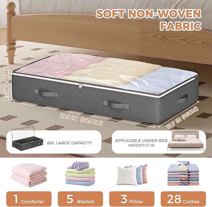 Under Bed Storage Containers, Storage Bins with Clear Lids | Underbed Storage Bags for Blankets, Towels, Comforter, Sweaters, Linen Sheets, Wrapping Paper