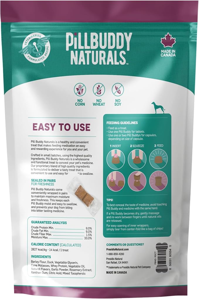 Presidio Earthly Pill Buddy Naturals - Duck (Chicken-Free) Pill Hiding Treats for Dogs - Pill Pocket for Any Size Medication - 90 Servings