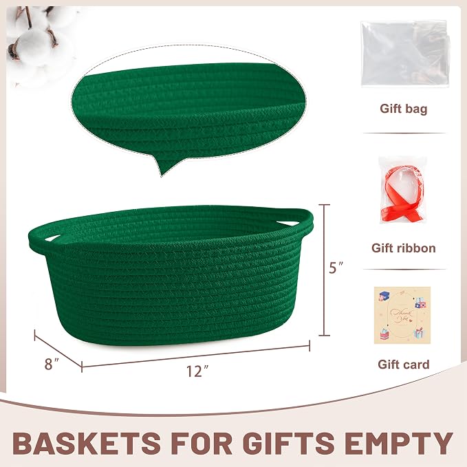 Bufims Small Woven Green Gifts Basket for Storage Empty with Ribbons and Bags Durable Cute Gifts 12"X 8" X 5" Small Rope Basket for Gifting