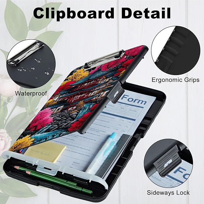 A4 Clipboard with Storage Pen Holder, Clipboards Organizer Nursing Clipboard Foldable File Folder Plastic Clipboard Folio Clip Board for Office Work Classroom Doctor, Pink Leaf House