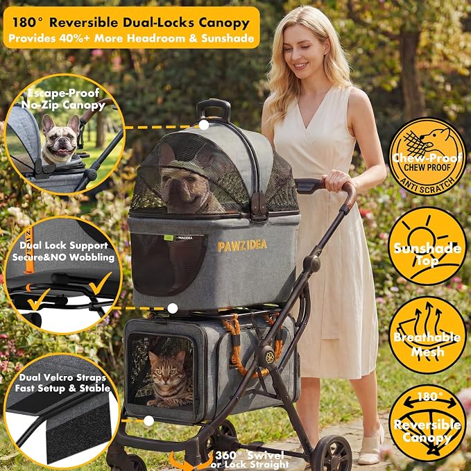 PAWZIDEA Double Pet Stroller with 2 Detachable Carrier, Multifunctional | Portable Travel Crate & Car Seat Combo & TSA-Approved Expandable Carrier, Foldable Jogger Stroller for 2–4 Cats or Small Dogs