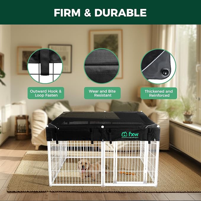 FXW Homeplus Indoor Dog Playpen with Mesh Top Cover, 32" H, 8 Panels | Calm Indoor Play Area, Cover Helps Deter Jump-Outs, for Small & Medium Dogs, Patented