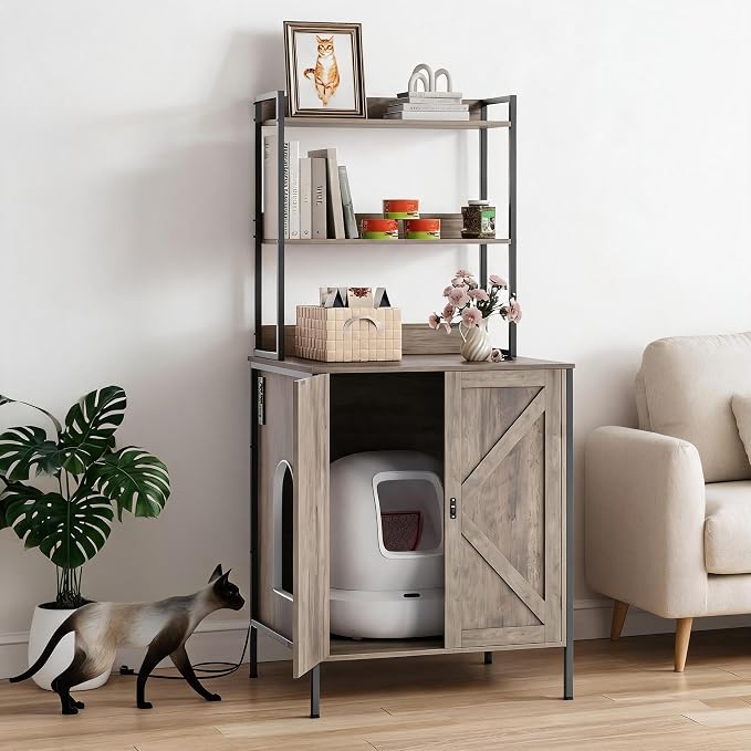 Self Cleaning Litter Box Enclosure Furniture with Shelf & Charge Station | 70" Farmhouse Cat Litter Box Robot Cabinet, Fit Automatic Litterbox Up to 26"×28"×31", Litter Cabinet for Robot 3/4/5 Grey