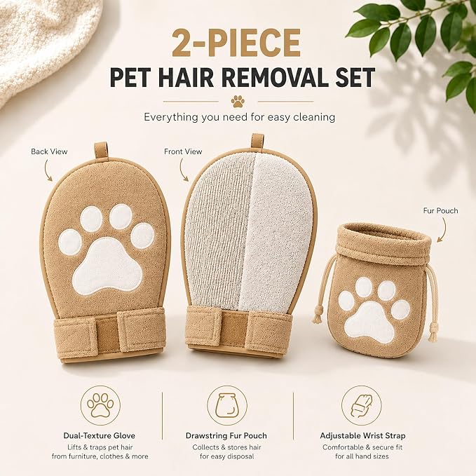 Paw Shape Pet Hair Remover Glove & Fur Storage Bag Set for Cats and Dogs (Beige), Washable Pet Hair Removr, Soft Lint Cleaning Glove for Sofa Carpet Bed Clothes