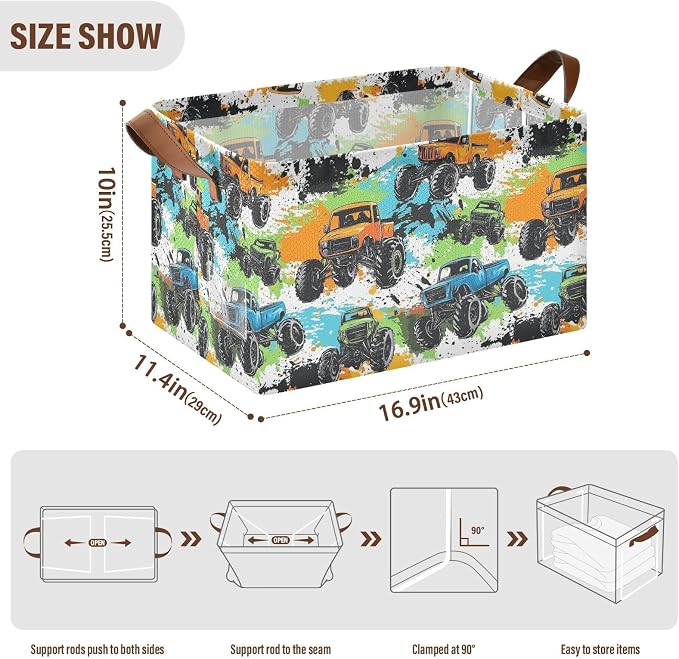 Colorful Monster Truck Splash Trucks Baby Storage Basket with Labels&Handles Rectangular Waterproof Nursery Storage Bins Collapsible Shelf Organizer Baskets for Kids Books Cloth Gift Toys Laundry