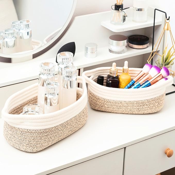 5-Piece Small Decorative Woven Storage Baskets Set for Shelves, Bathroom, Pantry and Nightstand Organizer, Catch All Tray for Organizing Gifts, Dog and Cat Toys, Light Brown