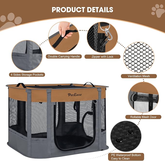 Portable Cat Playpen with Litter Box, Cat Enclosure for Camping, Cat Recovery Playpen After Surgery, Foldable Indoor Outdoor Pet Tent for Cats Rabbits Puppies (Brown)