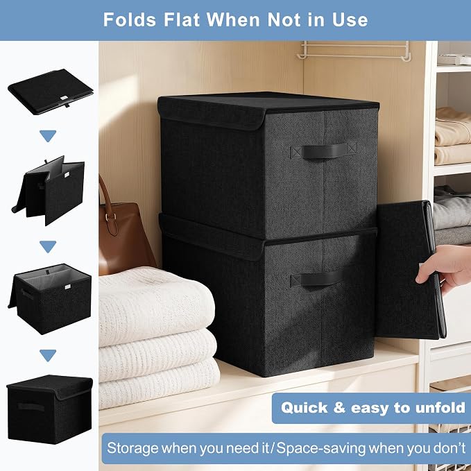 Large 22 Quart Linen Fabric Foldable Storage Bin Cube Organizer Basket with Flip-Top Lid & Handles, Clothes Blanket Box for Home, Office, Closet, Black, 4 Pack 14.6 x 9.5 x 9.5”