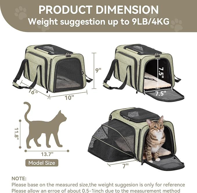 Petsfit Small Expandable Cat Carrier for Air Travel, Up to 9 lb | 16 x 10 x 9 in; sized for Alaska Airlines, with locking zippers, an interior safety tether and multi-side ventilation.