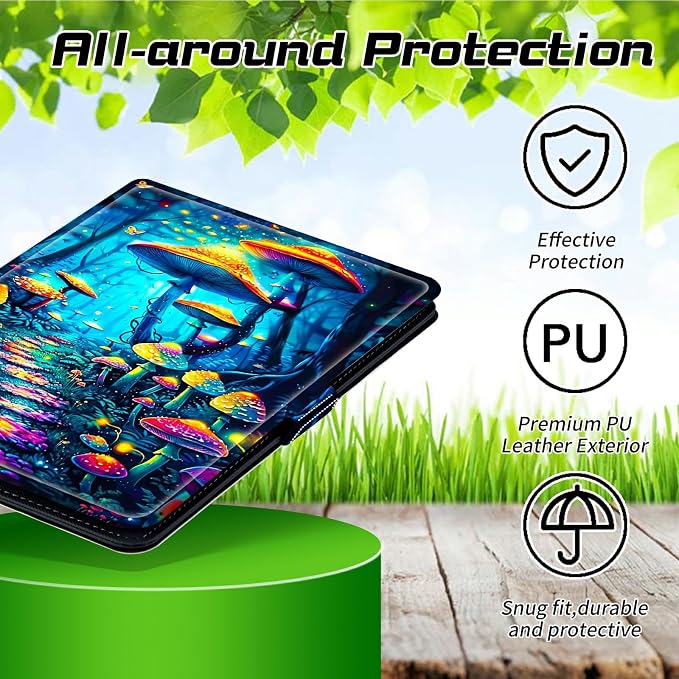 Universal Case for T-Mobile Revvl Tab 2 10.1" Model:9185W 2025/Revvl Tab 5G 10.36" 2023, 360 Degree Rotating Kickstand Protective Stand Shell Cover for 9"-10.5", Blue Forest Mushroom