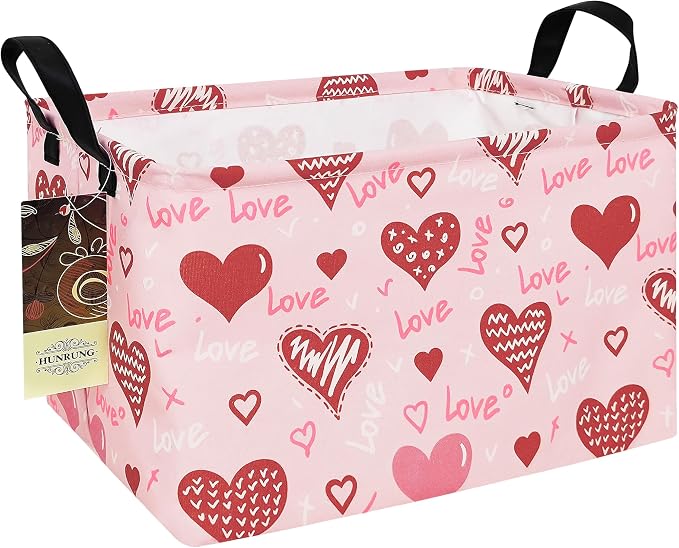 Rectangle Canvas Foldable Storage Basket for Nursery, Pink Love Heart