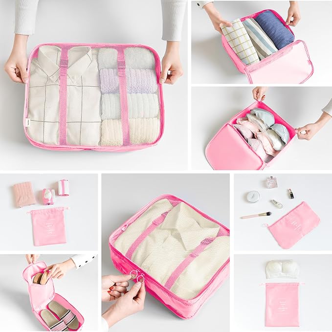 LANSKLBD 6/8 Set Packing Cubes for Suitcases Travel Luggage Packing Organizers,Travel Accessories Essentials Luggage Organizer with Shoe/Tioletry/Laundry Bag (Pink, 8 set)
