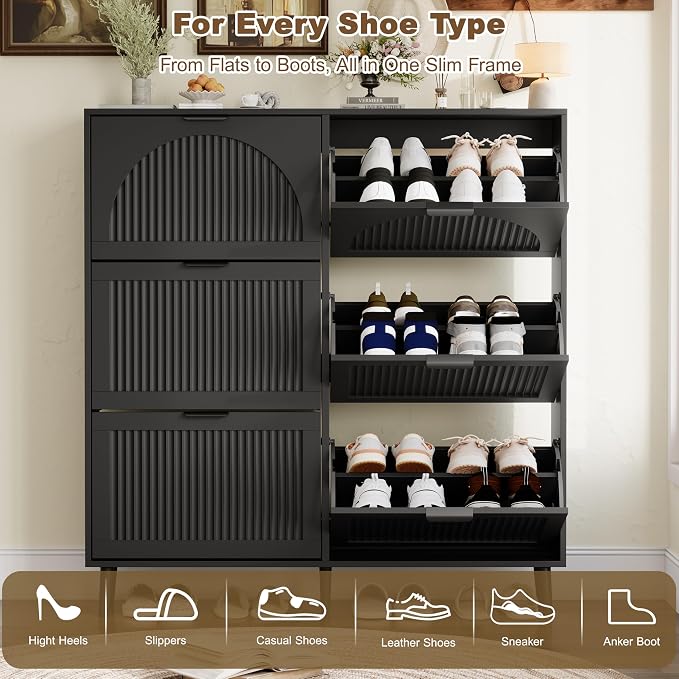 Shoe Storage Cabinet with 6 Flip Drawers, Narrow Wood Shoe Organizer Cabinet with Fluted Panel, Slim Shoe Rack for Entryway, Freestanding Shoe Cabinet for Living Room, Hallway, Black
