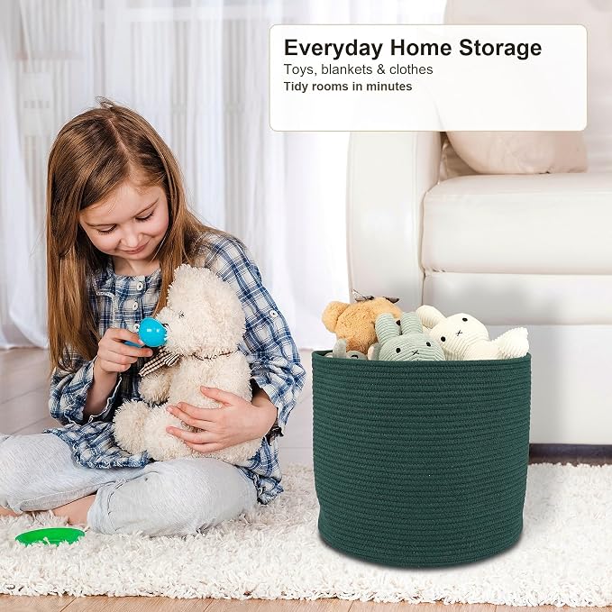 XUANGUO Cotton Rope Basket For Girls Boys Kids 16”X14” dark green | Baby Laundry Baskets, Blanket Basket, Nursery Bin; Round Woven Basket Organizer for Toy Storage, Blankets, Shoes and Clothes