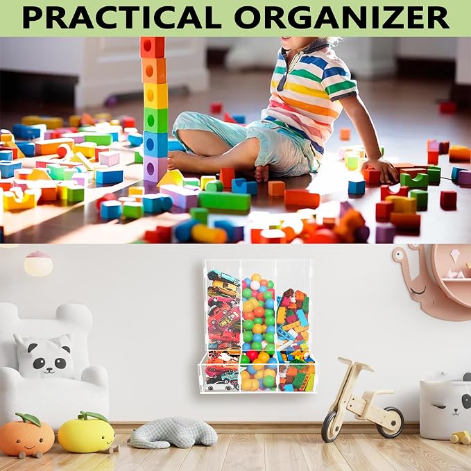 Montex Acrylic Wall Toy Dispenser, Acrylic Wall Storage, (Triple Compartment) Hanging Organizer and Storage Bin for Playroom, Blocks, Cars, Balls, Snacks