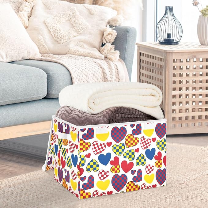 Color Heart Fabric Storage Bins with Lid Foldable Storage Boxes 40L Baskets | Decorative Storage Boxes, Dust-Proof Flip Top, Reinforced Handles, For Home & Bedroom, Clothes & Toy Box, Oxford Fabric Print
