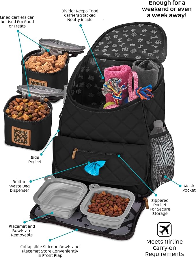 Mobile Dog Gear: Weekender Backpack - Black - Quilted Pet Travel Bag Holds Dog Accessories, Food Carriers, Silicone Bowls, Built-In Feeding Placemat