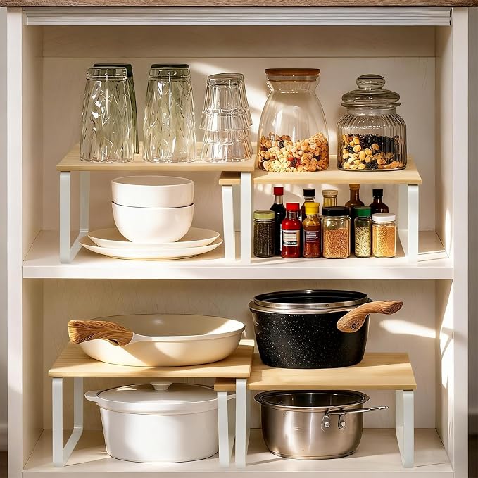 JMLHMXC Cabinet Storage Rack, 2-Piece Kitchen Countertop Shelf, Kitchen Storage Rack, Spice Rack, Stackable, Expandable - White Legs