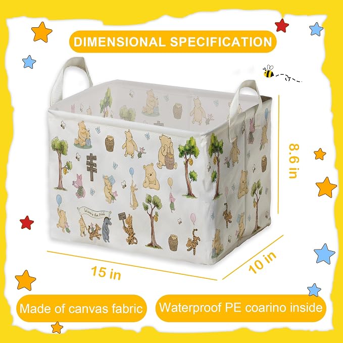 Winnie Storage Nursery Basket,Large squarecanvas Laundry Hamper WithWinnie baby Stuff A Waterproof PECoating, Foldable, Bathroom and Bedroom SetClothes ,Toys Bin, Baby Nursery HamperDecor