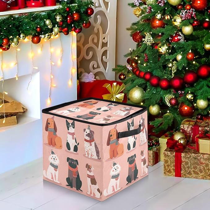 OTVEE Christmas Ornament Storage Box Holiday Decoration Organizer Stores upto 64 Holiday Ornaments Adjustable Dividers Tear-Proof Fabric Christmas Pet Design