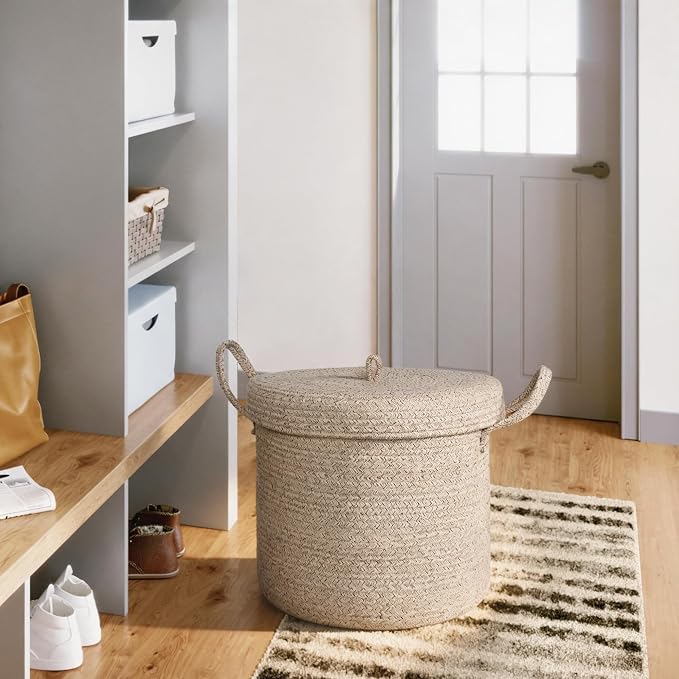 15”x13” Storage Basket with Lid, Blanket Storage for Living Room, Woven Cotton Rope Bin with Cover, Kids Dog Toy Box, Baby Laundry Basket with Lid, Covered Blankets Pillows Holder, Brown