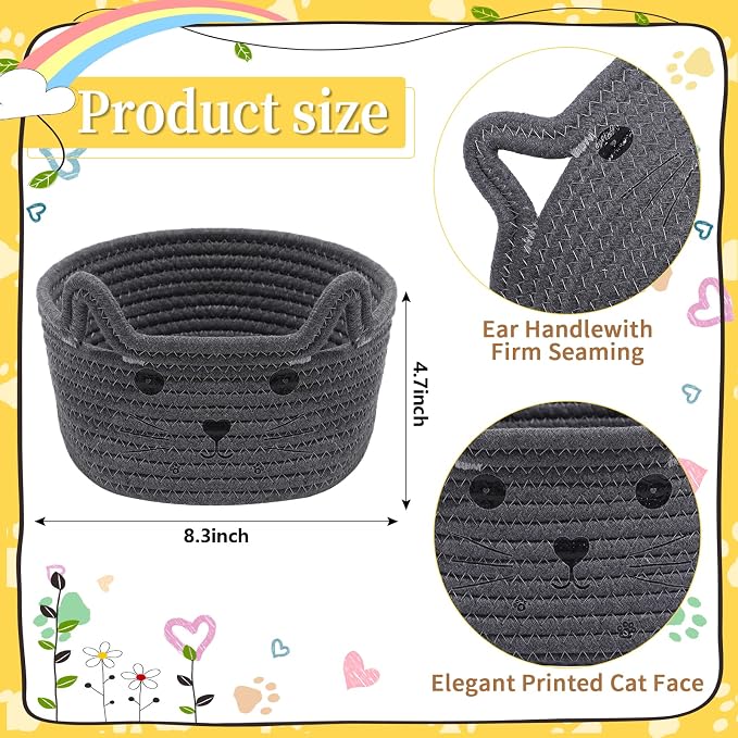 Zopeal Cat Storage Basket Woven Organizer with Ears Decorative Gift Cute Cotton Rope Pet Toy Basket for Gift Cat Dog Toy Bin Nursery Room(8.3 x 4.7 Inch,Gray)
