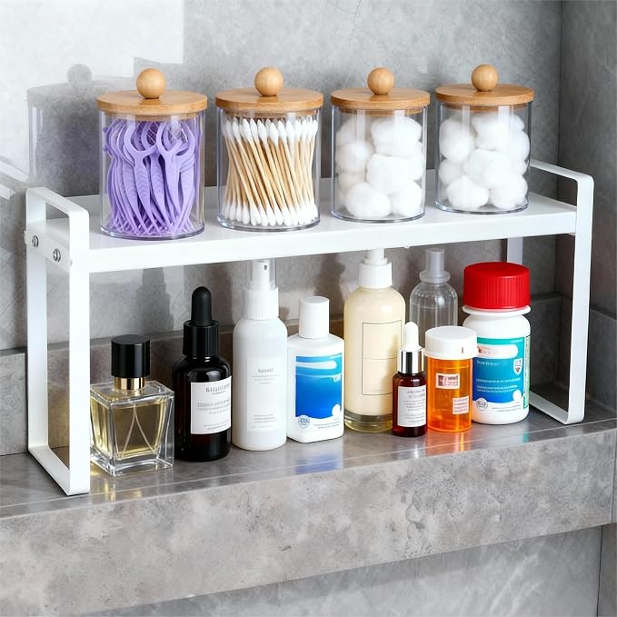 Small Expandable Medicine Cabinet Shelf, 3.58” Wide Metal Storage Stand with Adjustable Layers & Non-Slip Pads for Kitchen, Pantry, & Bathroom – White