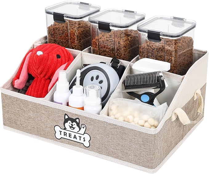 Dog Treat Storage Organizer for Countertop with Fabric Handle and Dividers | Collapsible Dog Treat Container for Living Room Area, Trapezoid Storage Basket for Pet Supplies with Adjustable Dividers