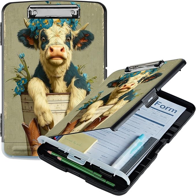 A4 Clipboard with Storage Pen Holder, Clipboards Organizer Nursing Clipboard Foldable File Folder Plastic Clipboard Folio Clip Board for Office Work Classroom Doctor, Cow Blue Flower