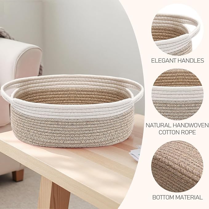 JMvicyroam Small Woven Basket, Empty Gift Basket, White&Oatmeal/2 Pack | Small Gift Basket, Cotton Rope, 12 x 8 x 73 in, Handles, Includes Ribbon and Bag, Birthday Gift Basket
