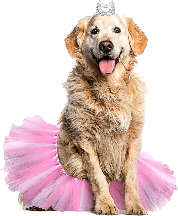 2 Pcs Dog Crown Headband Dog Tutu Dress Set Crystal Rhinestone Tiara Crown Tutu Skirt Pet Dress Costume for Puppy Birthday Party Wedding Photo Prop Costume(Large,Rose Red, White)