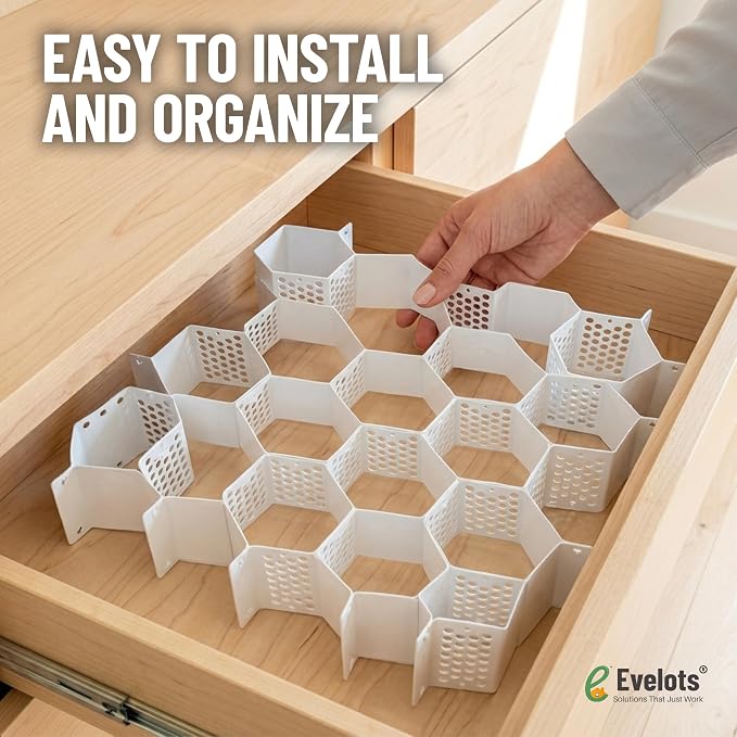 Evelots 8-Pack Honeycomb Drawer Organizers, 224 Cells, Expandable, White | Expandable modular dividers create 224 cells to organize socks, underwear, bras & baby clothes in dresser and closet drawers.