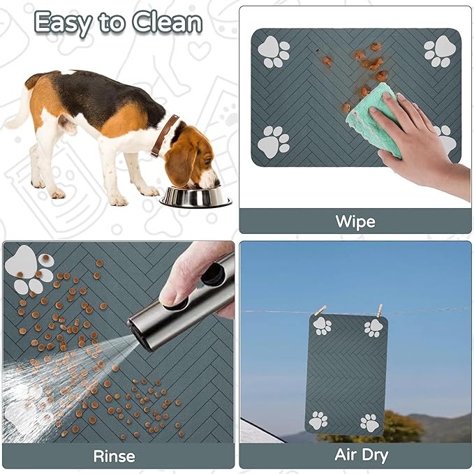 Pet Feeding Mat-Absorbent Dog Feeding Mat for Food and Water Bowl,No Stains Pet Placemat,Quick Drying Water Dispenser Mat for Dog and Cat,Easy to Clean Dog Accessories(L,Black Gray Paw)