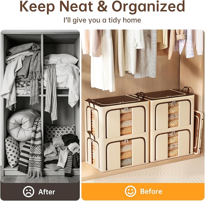 Clothes Storage Bins, 3 Openings, 100L, Brown | Metal Frame