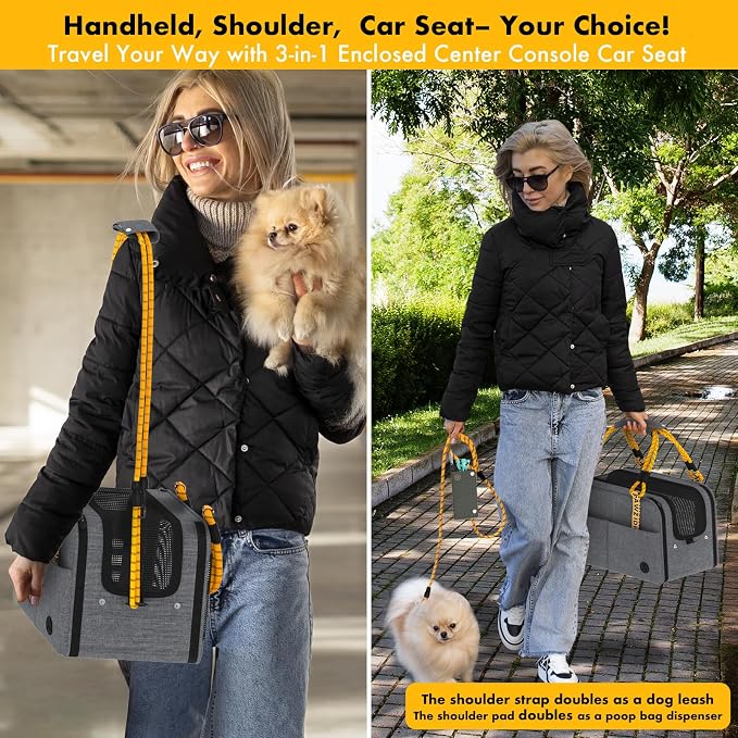 PAWZIDEA Center Console Dog Car Seat, Secure Straps & Anti Slip, Up to 12lb | Enclosed Small Dog Armrest Booster Car Seats, Anti-Collapse Portable Pet Carrier Soft-Sided, Removable Pillow &Storage Pocket
