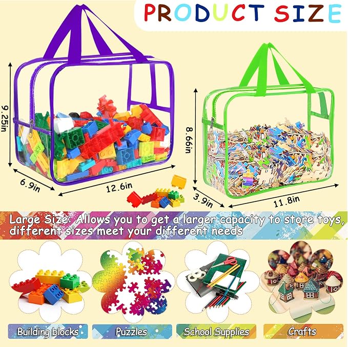 6 Colors Widen X-Large Toy Storage Bags 12.6×9.25×6.9In with Labels, Reusable Clear PVC Board Game Storage, Travel Waterproof Organizer Bags with Zipper for Building Blocks, Puzzle, Stuffed Animals