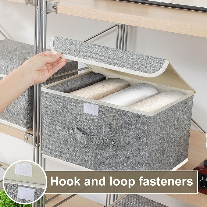 Foldable Fabric Storage Cubes with Lids,Grey 13x9.1x7.9in,5 Pack | Storage Bins with Handles,PP Panel Closet Organizers,Washable Boxes,Collapsible Fabric Container for Underwear and Socks