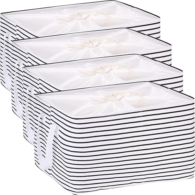 Hinwo 102L XXL Canvas Storage Bin with Lid and Handles, 4-Pack | Collapsible Fabric Baskets, Closet Shelf Organizers, Containers for Clothing, Blankets, Toys, Bedding (Black Stripe)